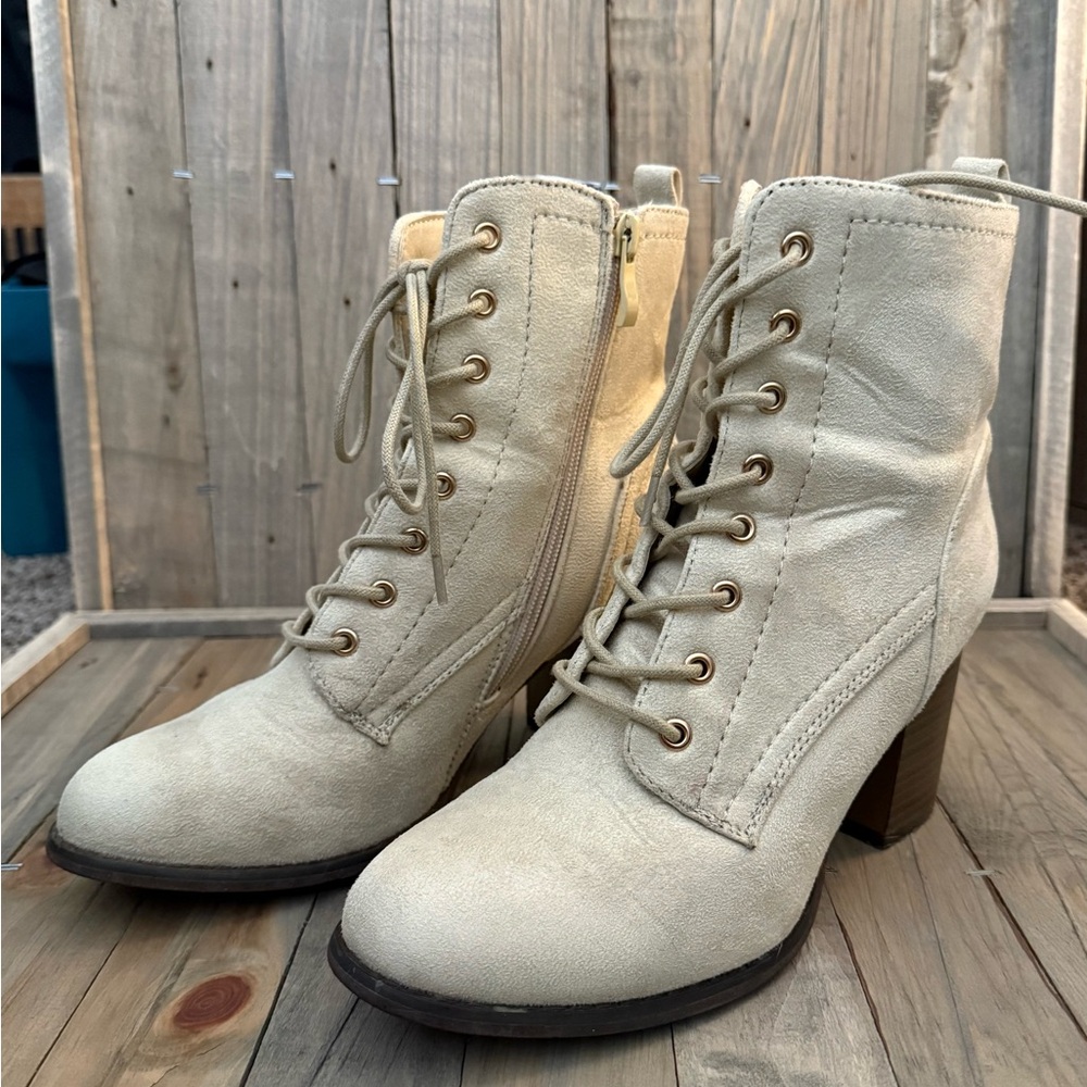 Cream Lace Up Boots with Chunky Heel
